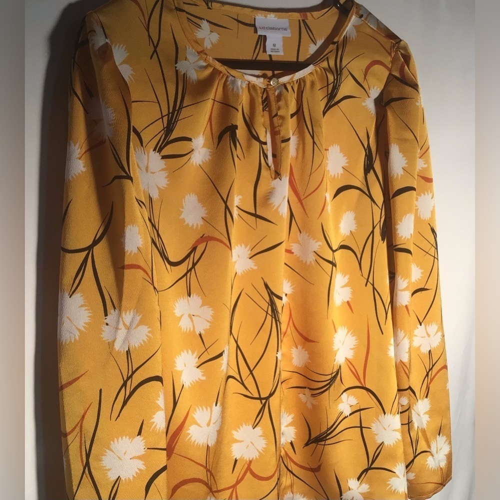 LIZ Claiborne blouse dandelion print top yellow black white loose fit Size Med - Picture 7 of 9